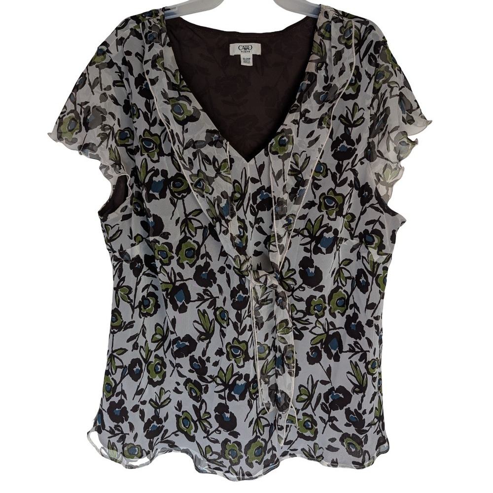 Cato Woman Floral Blouse Womens 22/24W Brown Green V-Neck Ruffle Sleeve Top
